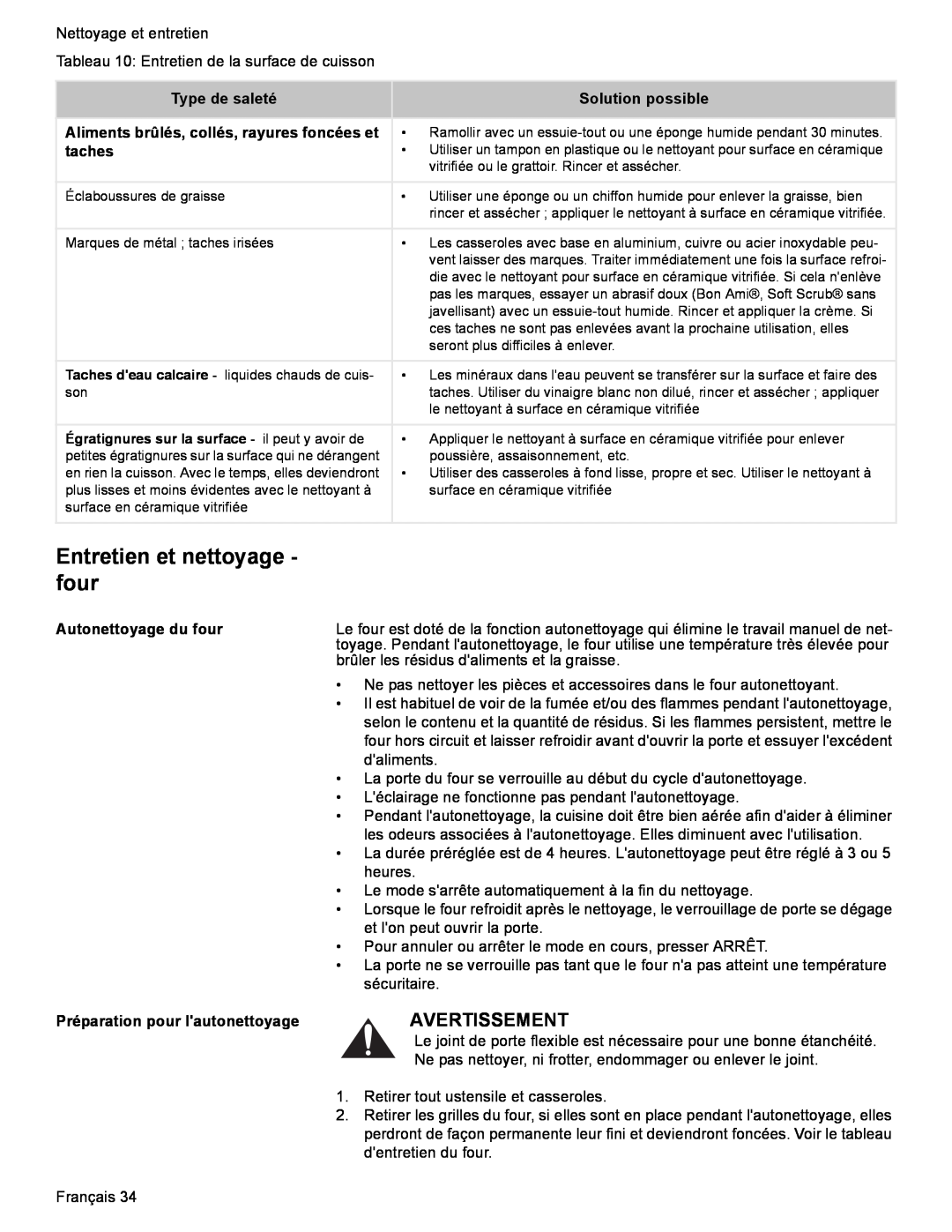 Bosch Appliances HES7282U manual Entretien et nettoyage - four, Avertissement, Type de saleté, Solution possible, taches 