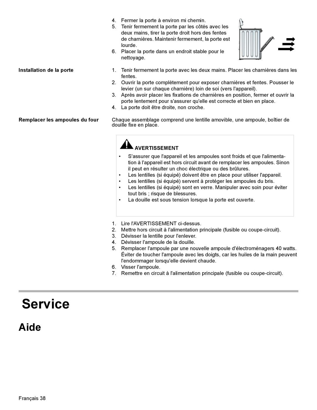 Bosch Appliances HES7282U manual Aide, Service, Installation de la porte, Avertissement 