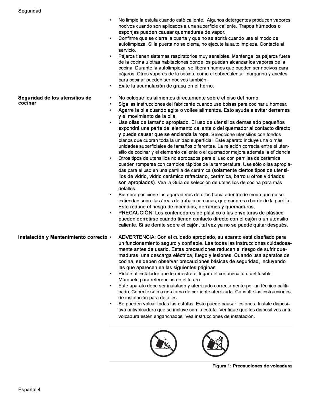 Bosch Appliances HES7282U manual Seguridad de los utensilios de cocinar, Figura 1 Precauciones de volcadura 