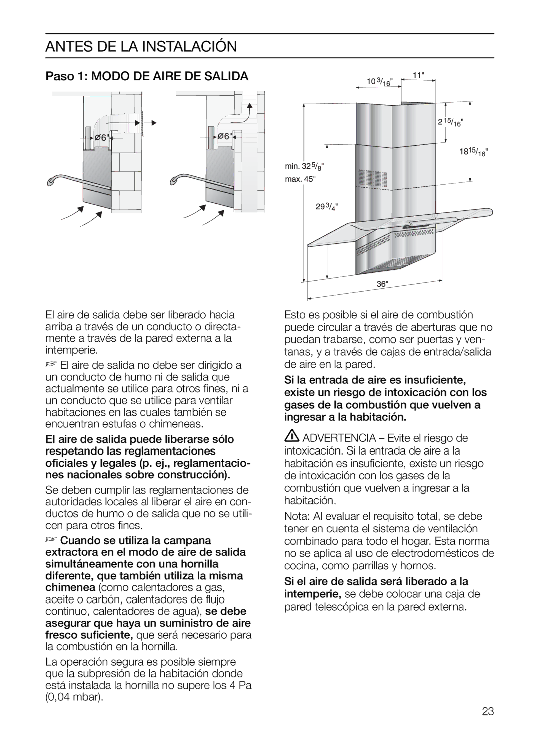 Bosch Appliances HGEW 36 FS manual Antes DE LA Instalación, Paso 1 Modo DE Aire DE Salida 