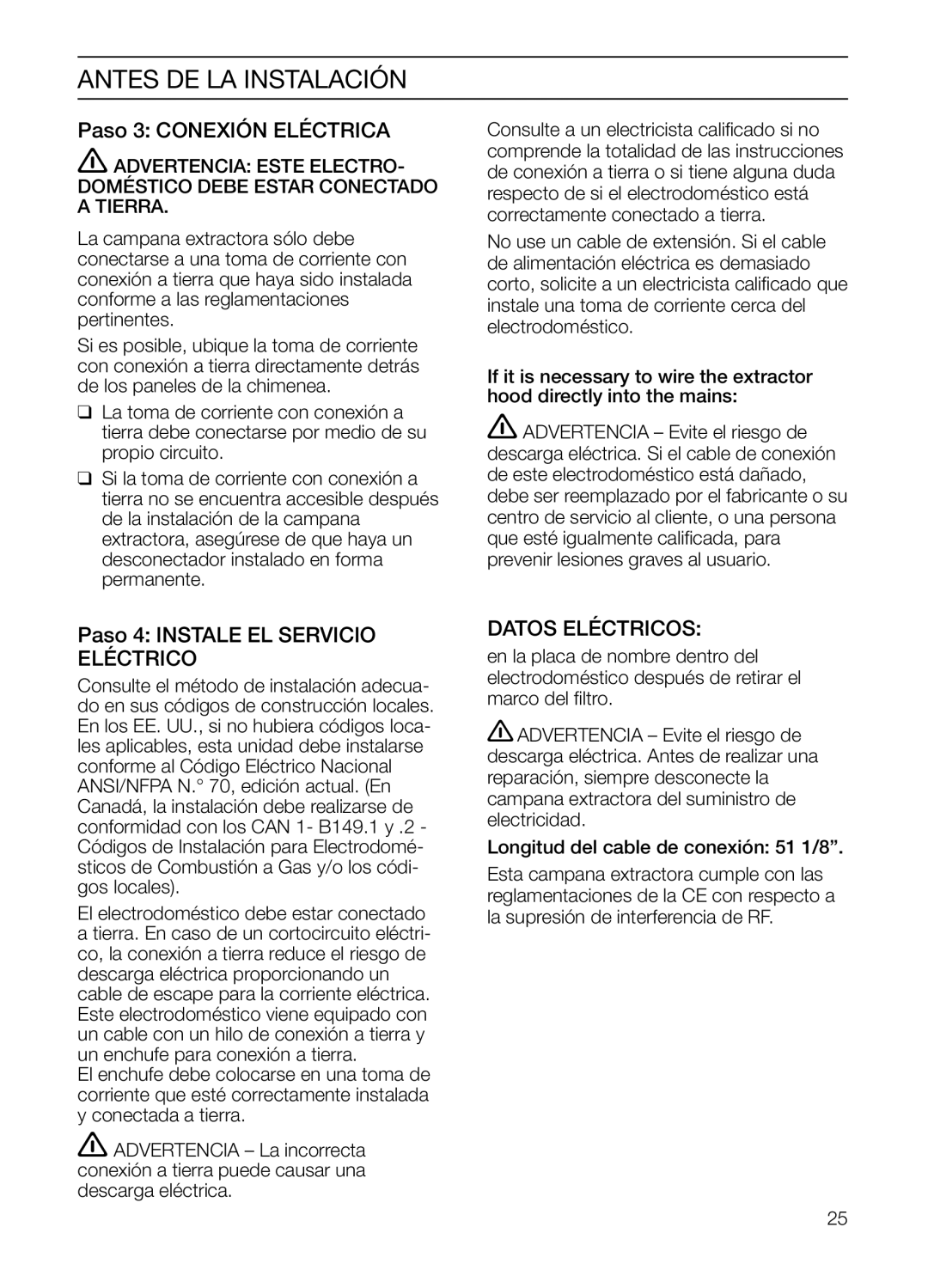 Bosch Appliances HGEW 36 FS manual Paso 3 Conexión Eléctrica, Paso 4 Instale EL Servicio Eléctrico, Datos Eléctricos 