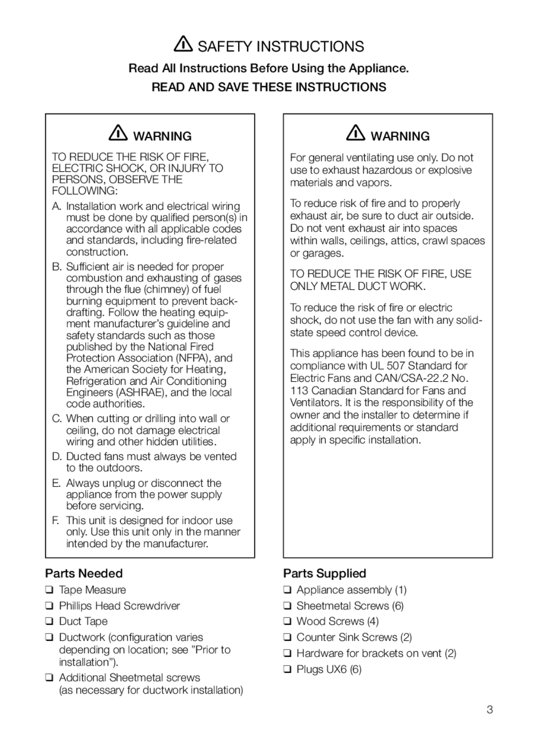 Bosch Appliances HGEW 36 FS manual Safety Instructions, Read All Instructions Before Using the Appliance, Parts Needed 