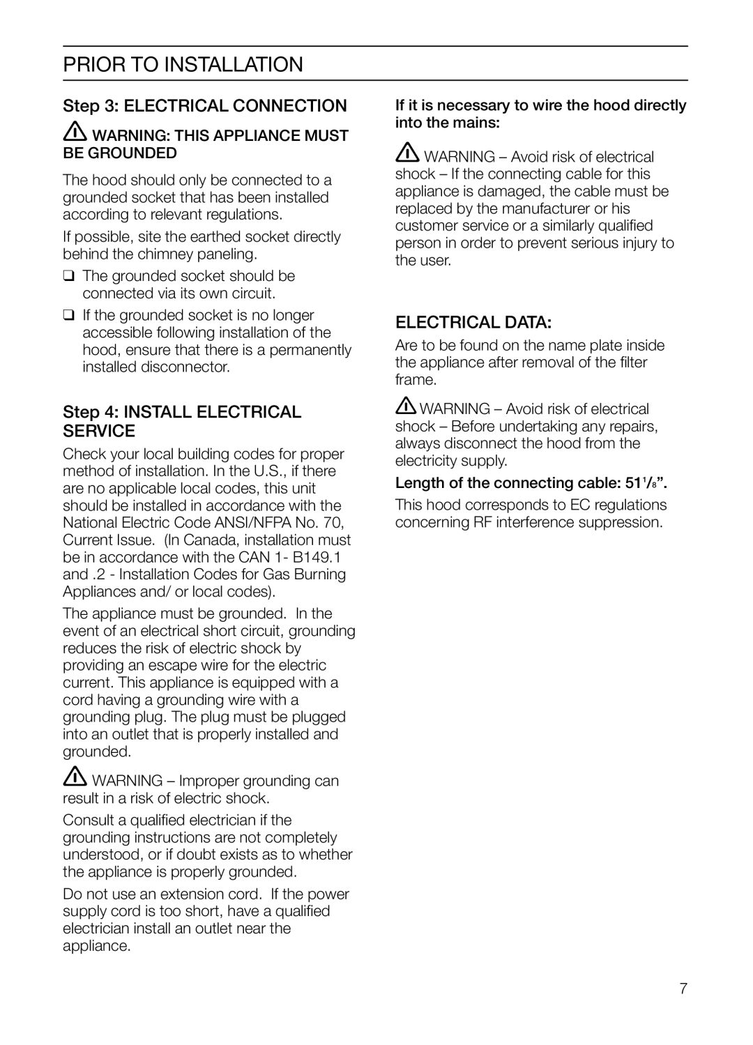 Bosch Appliances HGEW 36 FS manual Electrical Connection, Install Electrical Service, Electrical Data 