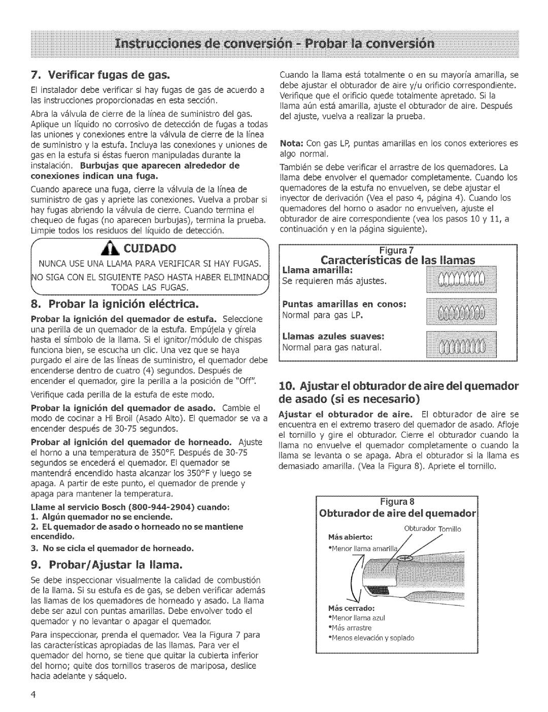 Bosch Appliances HGS246UC, HGS256UC, HGS247UC Verificar fugas de gas, Probar/Ajustar la llama, Caractensticas de las llamas 