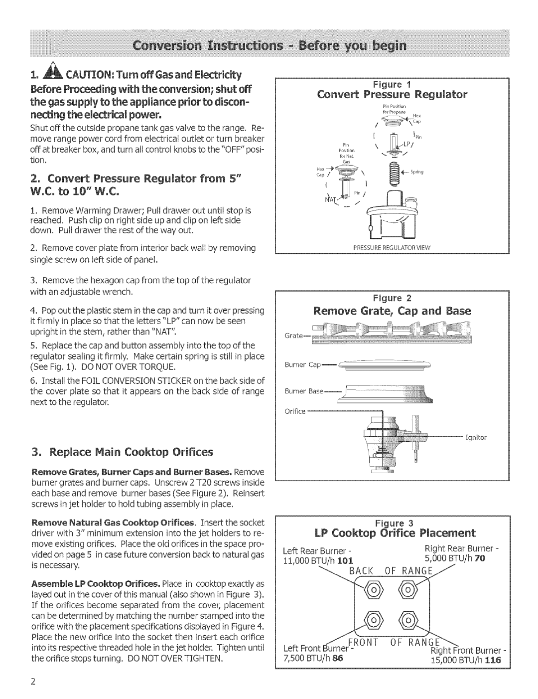 Bosch Appliances HGS245UC, HGS246UC Nectingthe electricam power, Convert Pressure Regulator, LP Cooktop Orifice Placement 