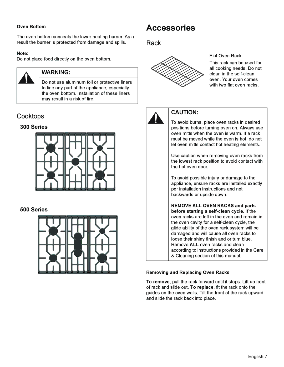 Bosch Appliances HGS3023UC manual Accessories, Rack, Cooktops, Oven Bottom 