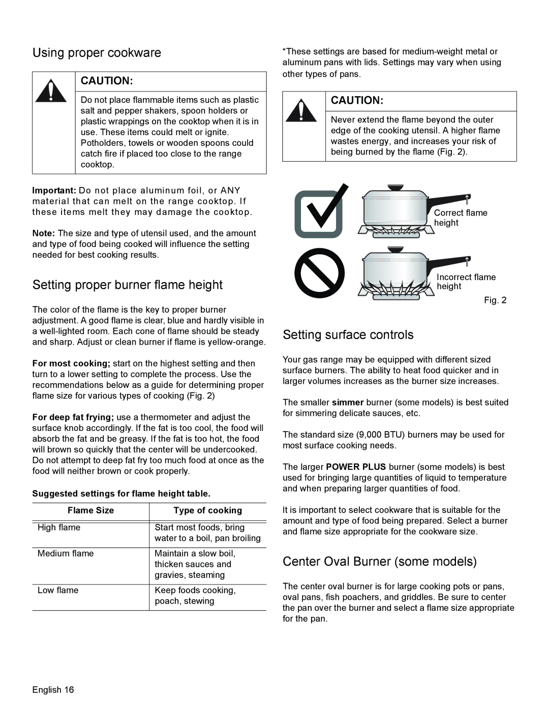 Bosch Appliances HGS3023UC manual Using proper cookware, Setting proper burner flame height, Setting surface controls 