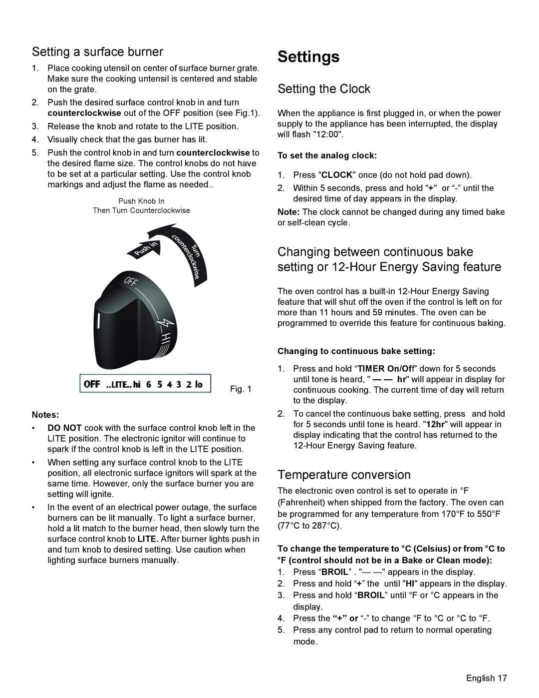 Bosch Appliances HGS3023UC manual Settings, Setting a surface burner, Setting the Clock, Temperature conversion 