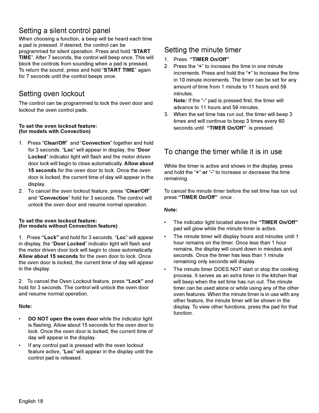 Bosch Appliances HGS3023UC manual Setting a silent control panel, Setting oven lockout, Setting the minute timer 