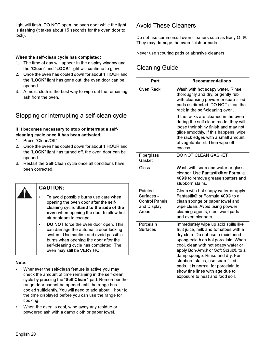 Bosch Appliances HGS3023UC manual Stopping or interrupting a self-clean cycle, Avoid These Cleaners, Cleaning Guide 