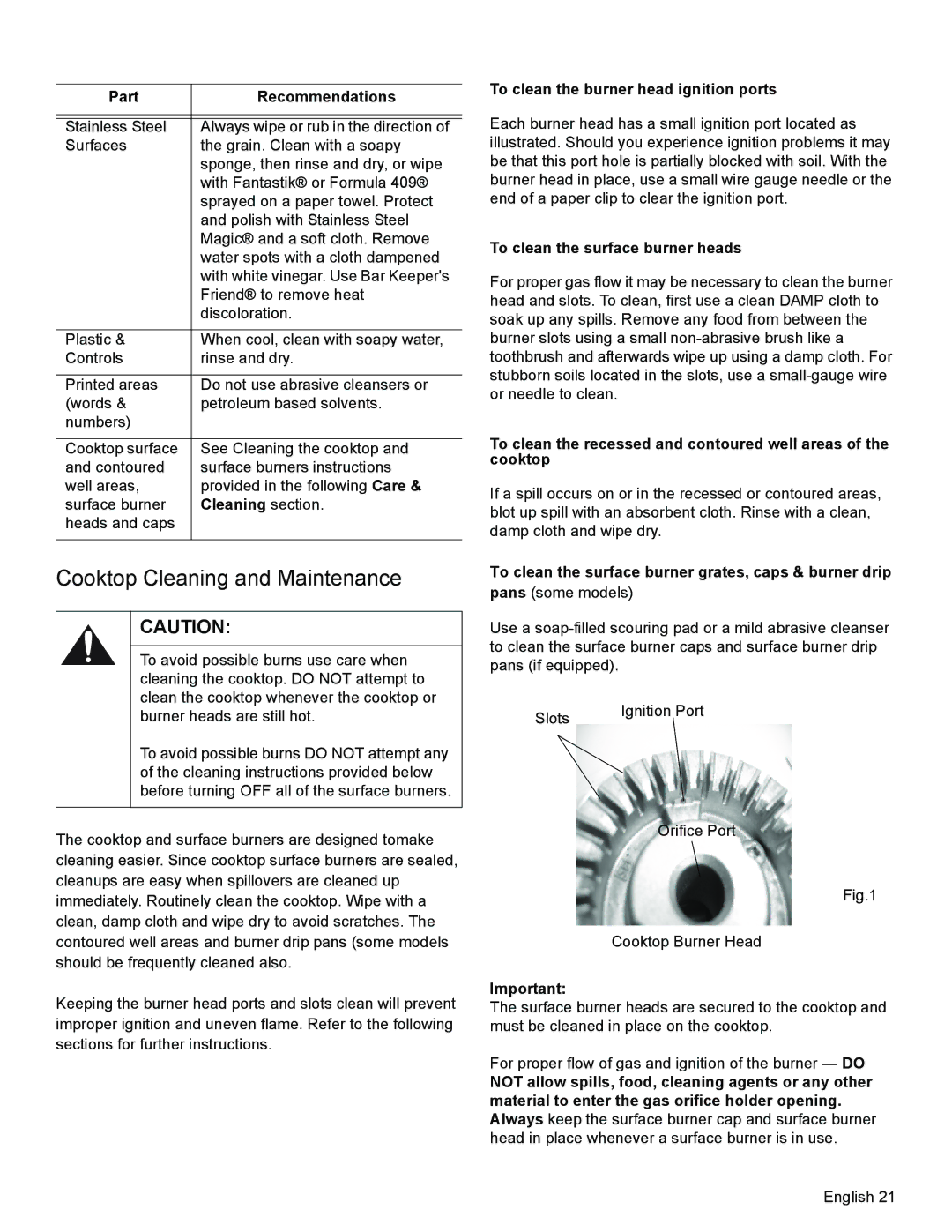 Bosch Appliances HGS3023UC Cooktop Cleaning and Maintenance, Cleaning section, To clean the burner head ignition ports 