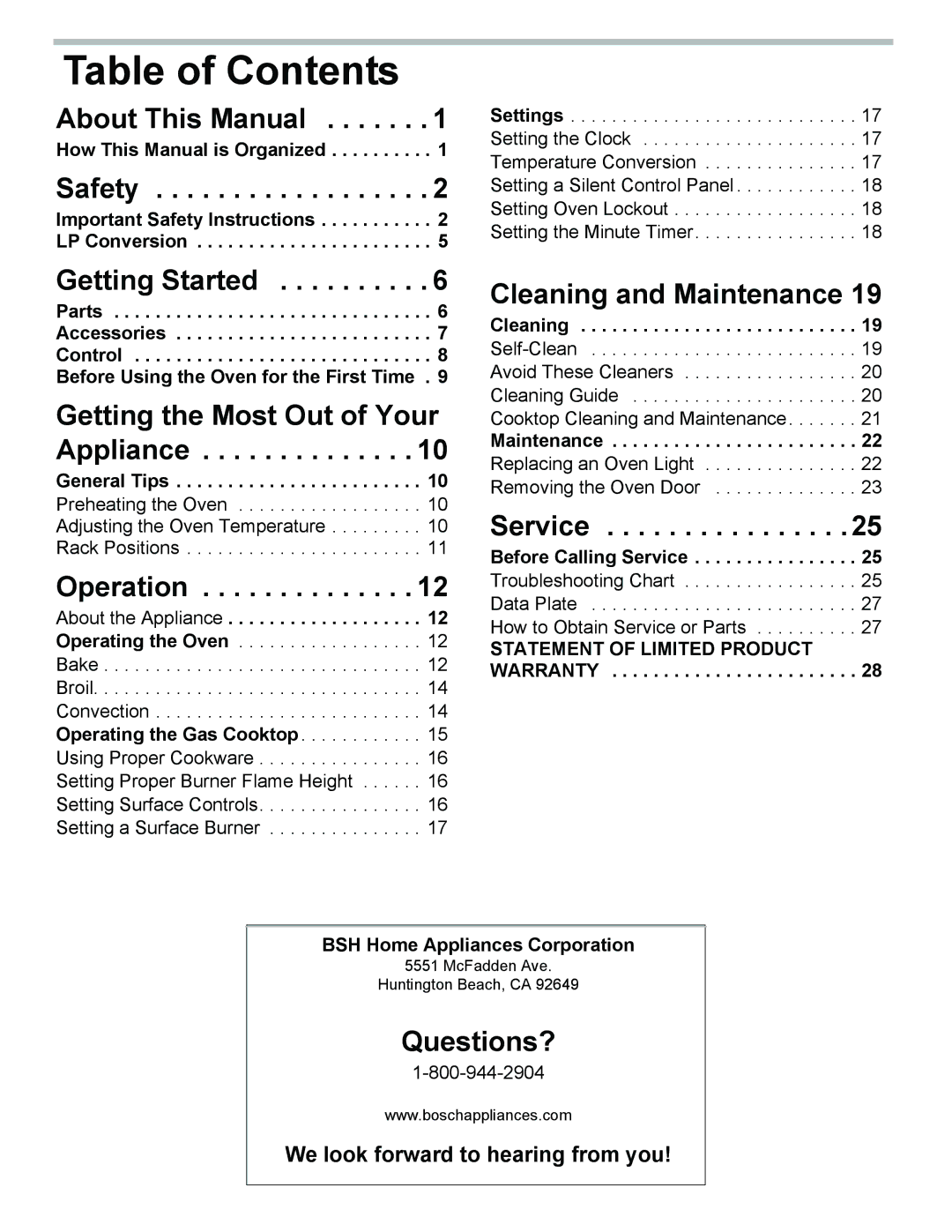 Bosch Appliances HGS3023UC manual Table of Contents 