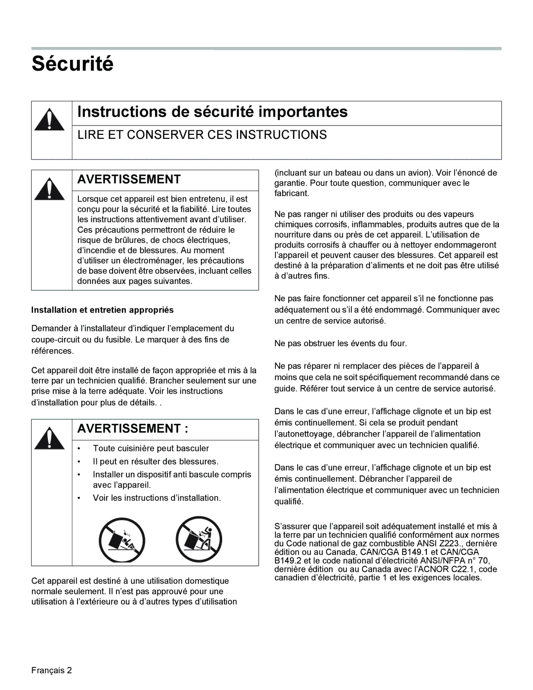 Bosch Appliances HGS3023UC manual Sécurité, Instructions de sécurité importantes, Installation et entretien appropriés 