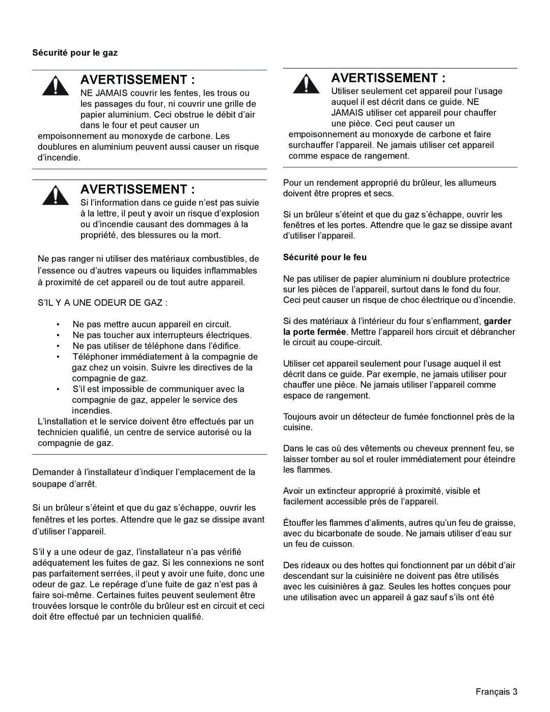 Bosch Appliances HGS3023UC manual Sécurité pour le gaz, Sécurité pour le feu 