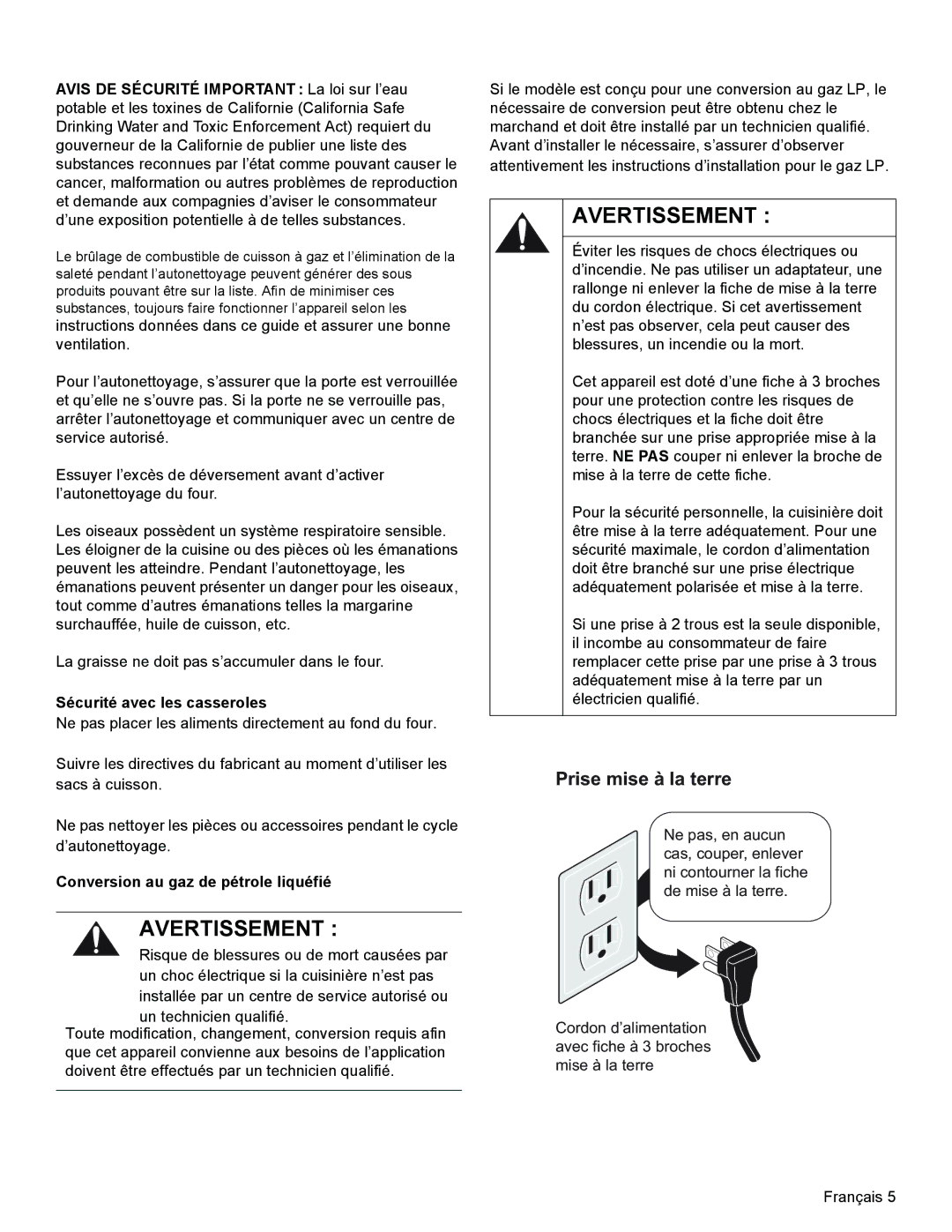 Bosch Appliances HGS3023UC manual Sécurité avec les casseroles, Conversion au gaz de pétrole liquéfié 