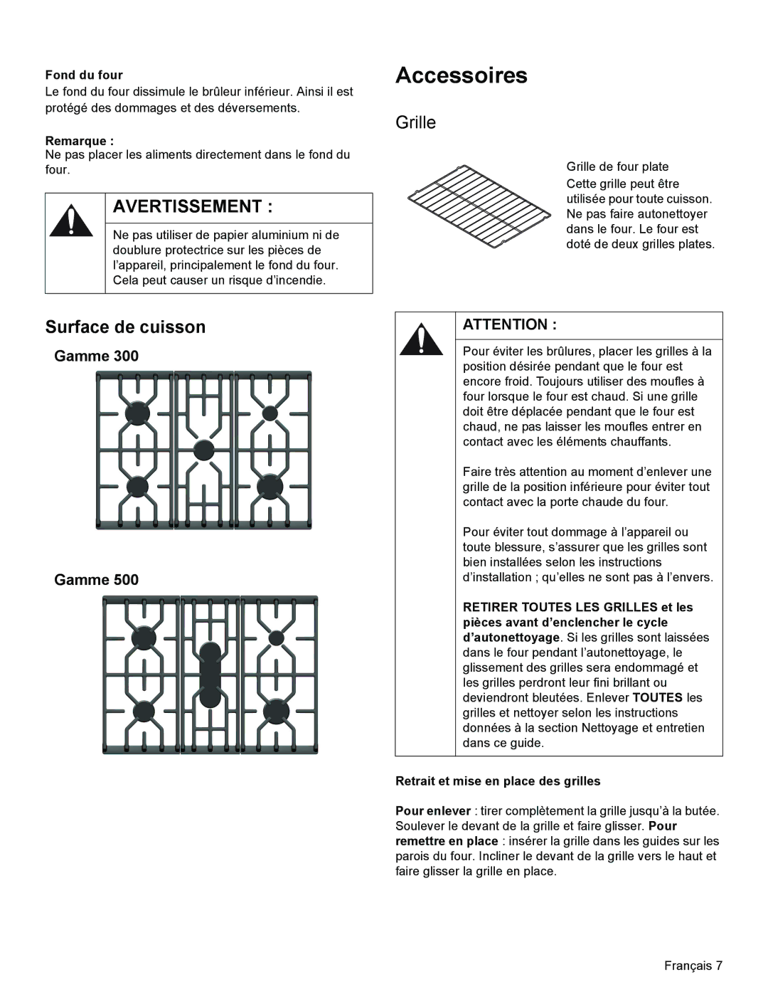 Bosch Appliances HGS3023UC manual Accessoires, Grille, Fond du four, Remarque 