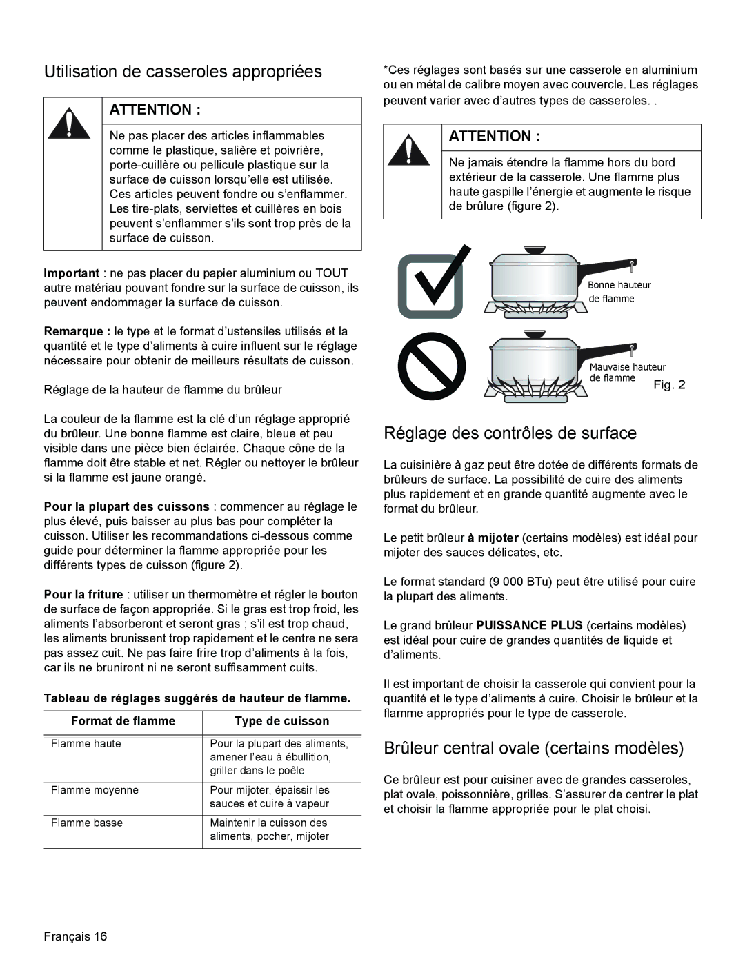 Bosch Appliances HGS3023UC manual Utilisation de casseroles appropriées, Réglage des contrôles de surface 