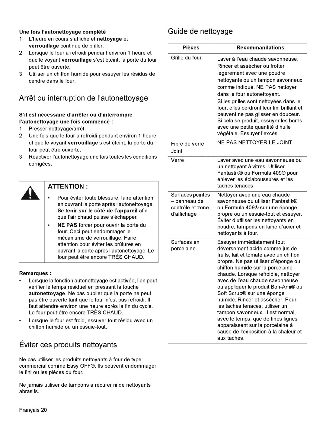 Bosch Appliances HGS3023UC Arrêt ou interruption de l’autonettoyage, Éviter ces produits nettoyants, Guide de nettoyage 