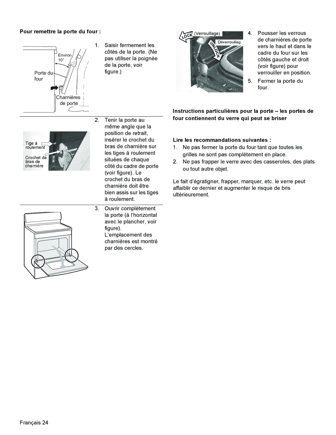 Bosch Appliances HGS3023UC manual Pour remettre la porte du four 