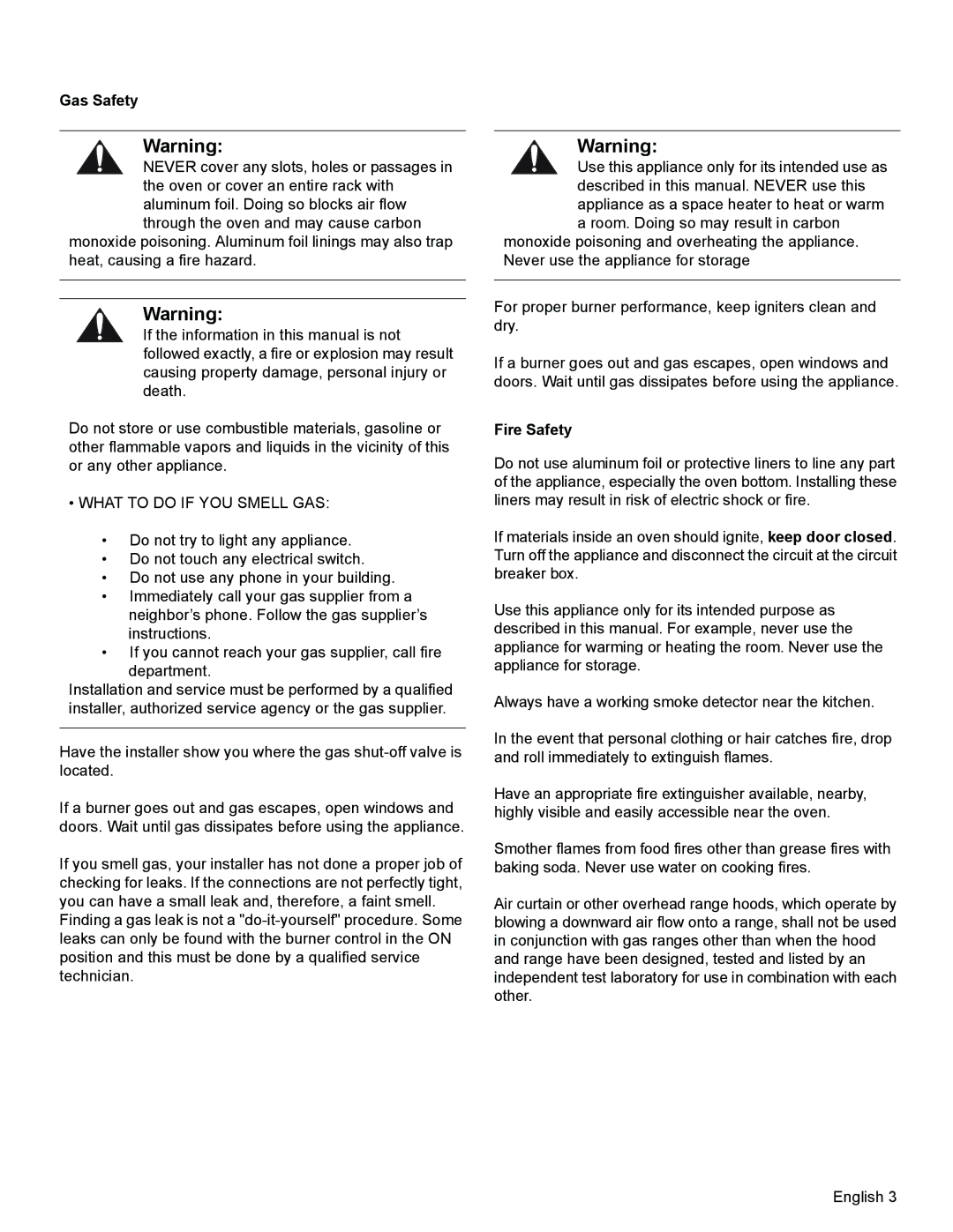 Bosch Appliances HGS3023UC manual Gas Safety, Fire Safety 