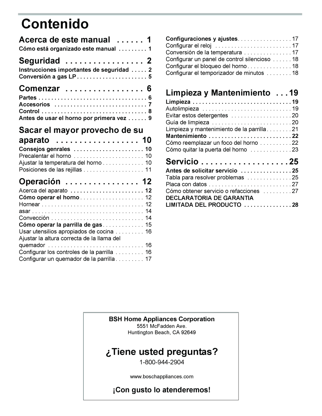 Bosch Appliances HGS3023UC manual Contenido, ¿Tiene usted preguntas? 