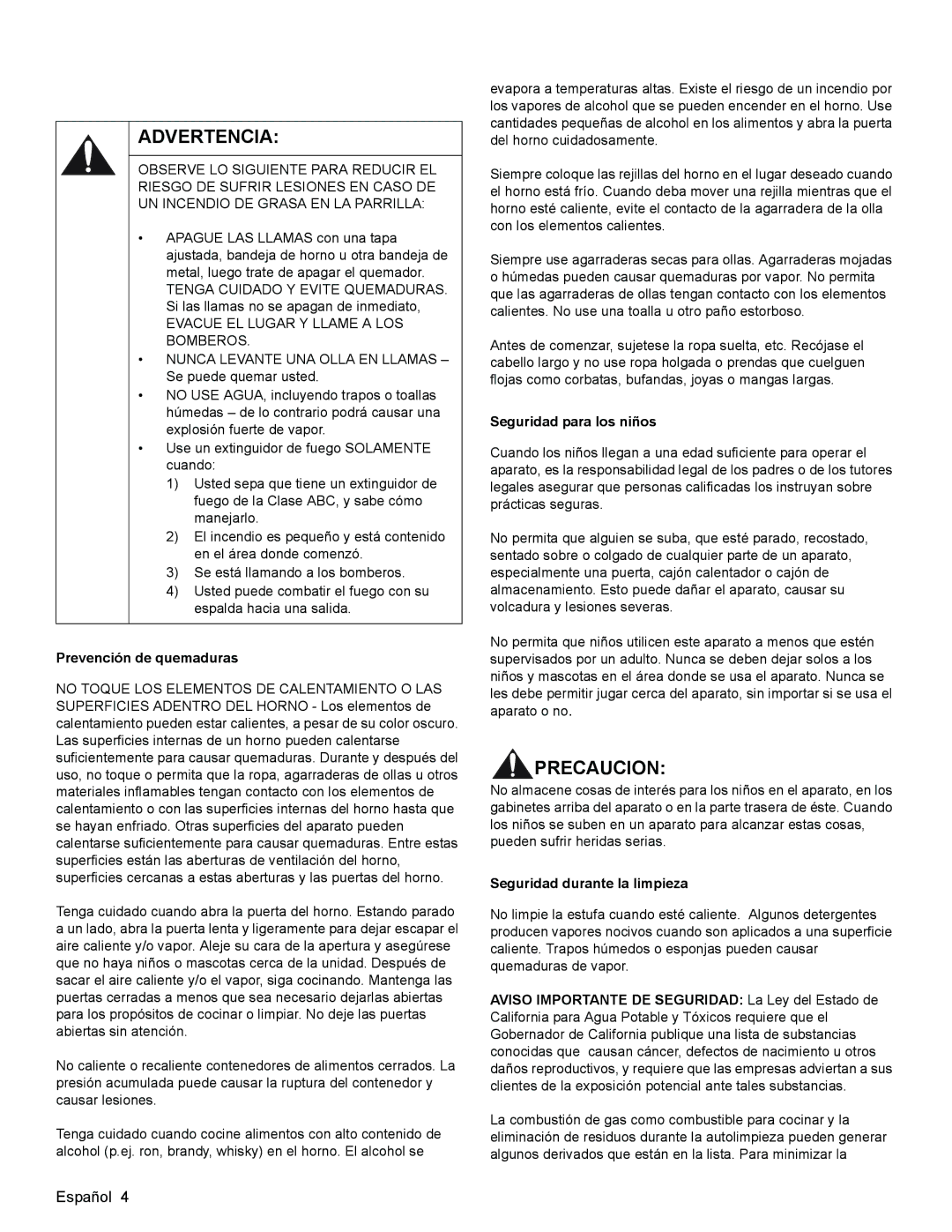 Bosch Appliances HGS3023UC manual Prevención de quemaduras, Seguridad para los niños, Seguridad durante la limpieza 