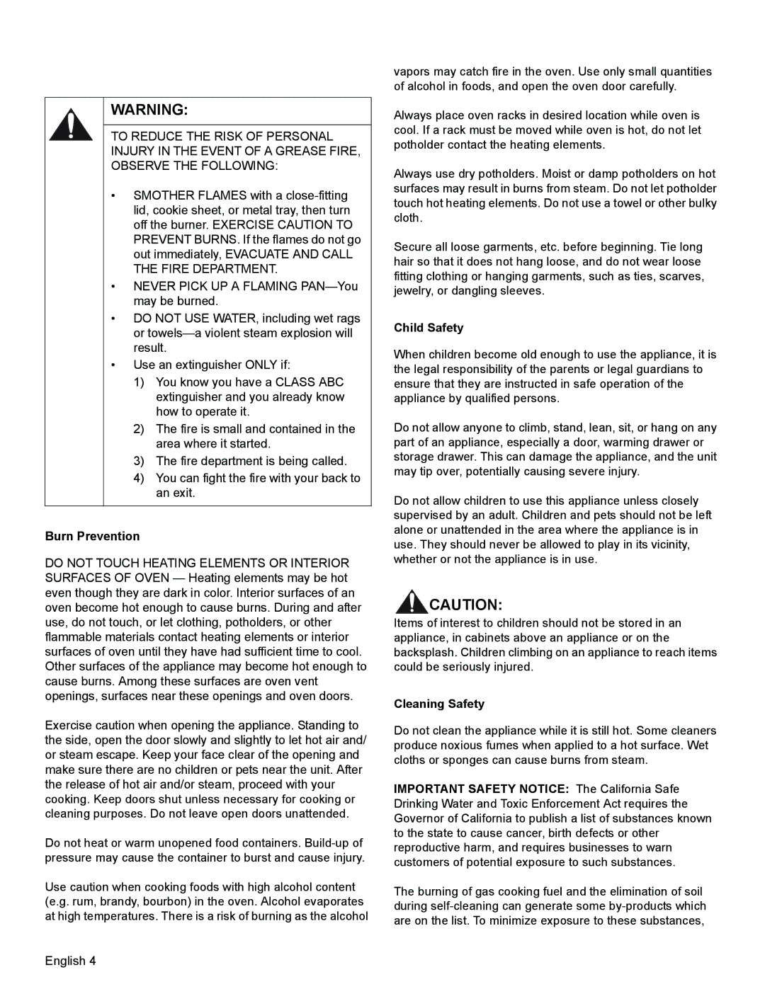 Bosch Appliances HGS3023UC manual Burn Prevention, Child Safety, Cleaning Safety 