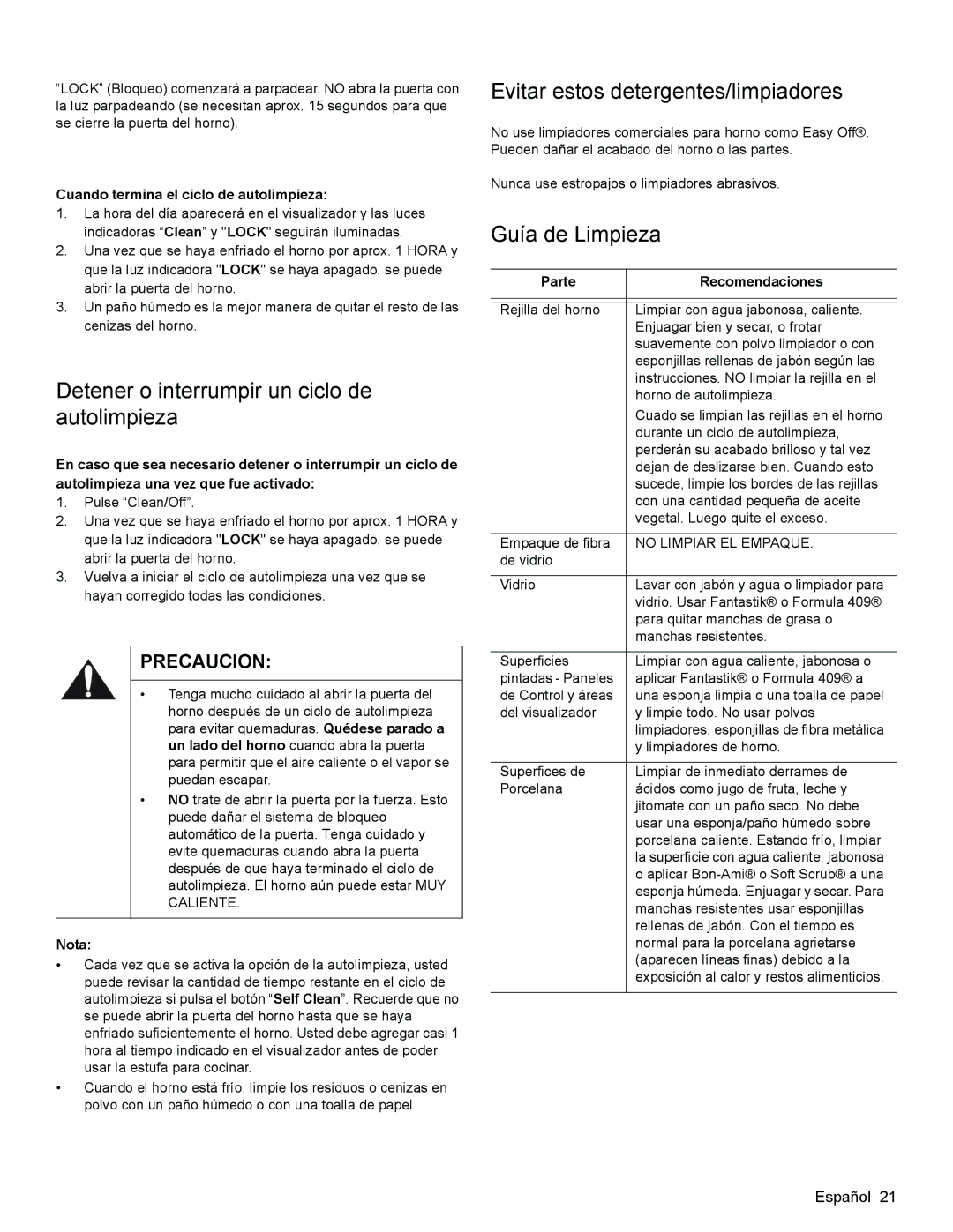 Bosch Appliances HGS3023UC manual Detener o interrumpir un ciclo de autolimpieza, Evitar estos detergentes/limpiadores 