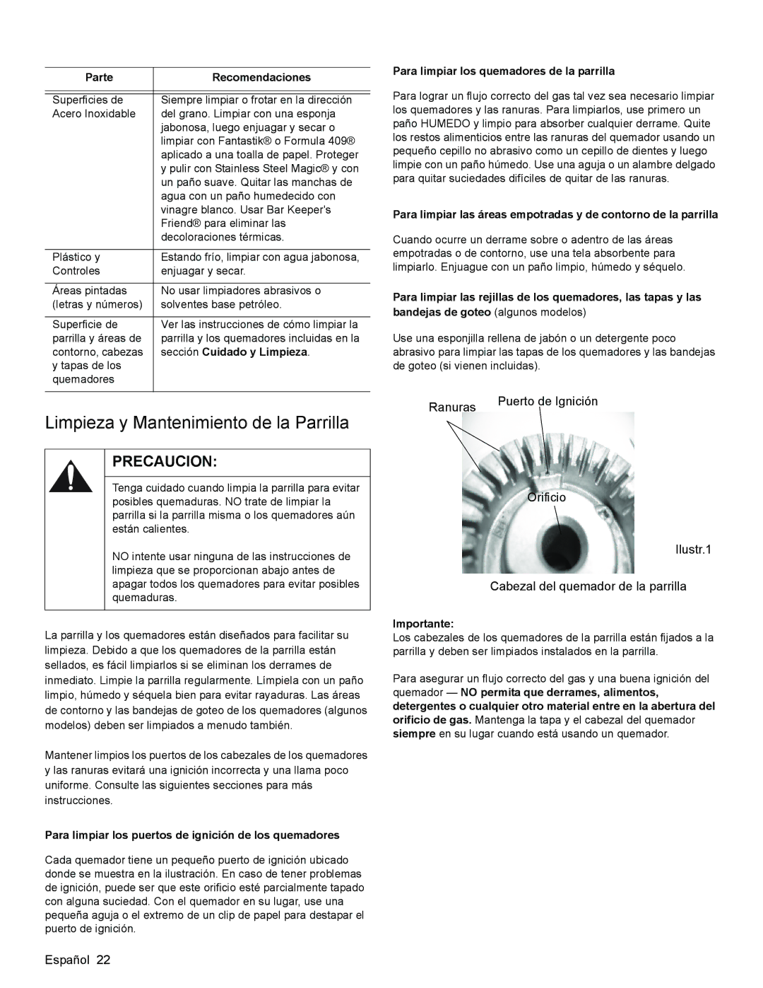 Bosch Appliances HGS3023UC manual Limpieza y Mantenimiento de la Parrilla, Sección Cuidado y Limpieza, Importante 