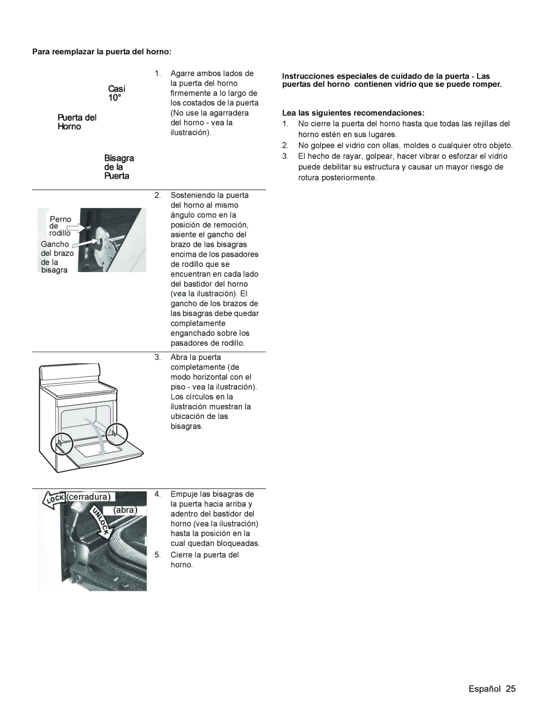 Bosch Appliances HGS3023UC manual Cerradura Abra, Para reemplazar la puerta del horno 