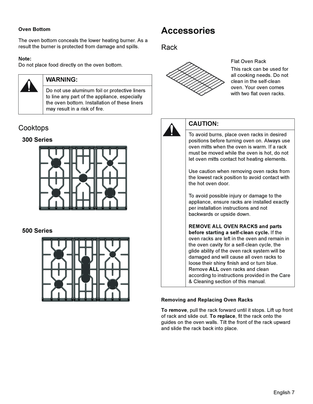 Bosch Appliances HGS3023UC manual Accessories, Cooktops, Oven Bottom, Removing and Replacing Oven Racks 