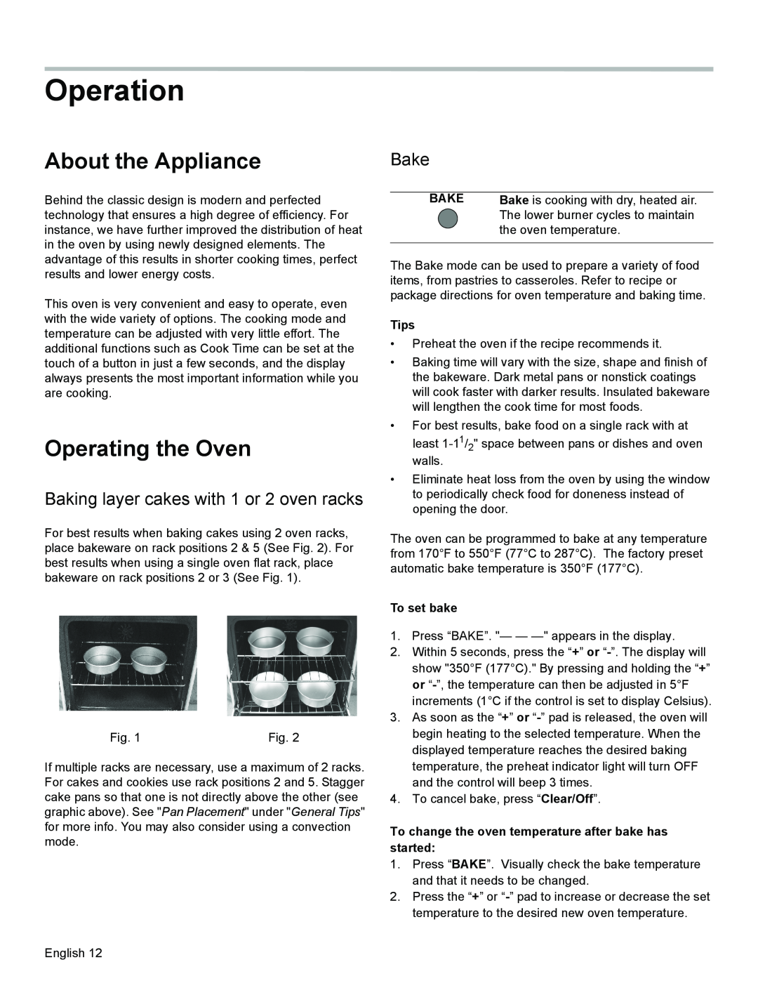 Bosch Appliances HGS3023UC Operation, About the Appliance, Operating the Oven, Baking layer cakes with 1 or 2 oven racks 