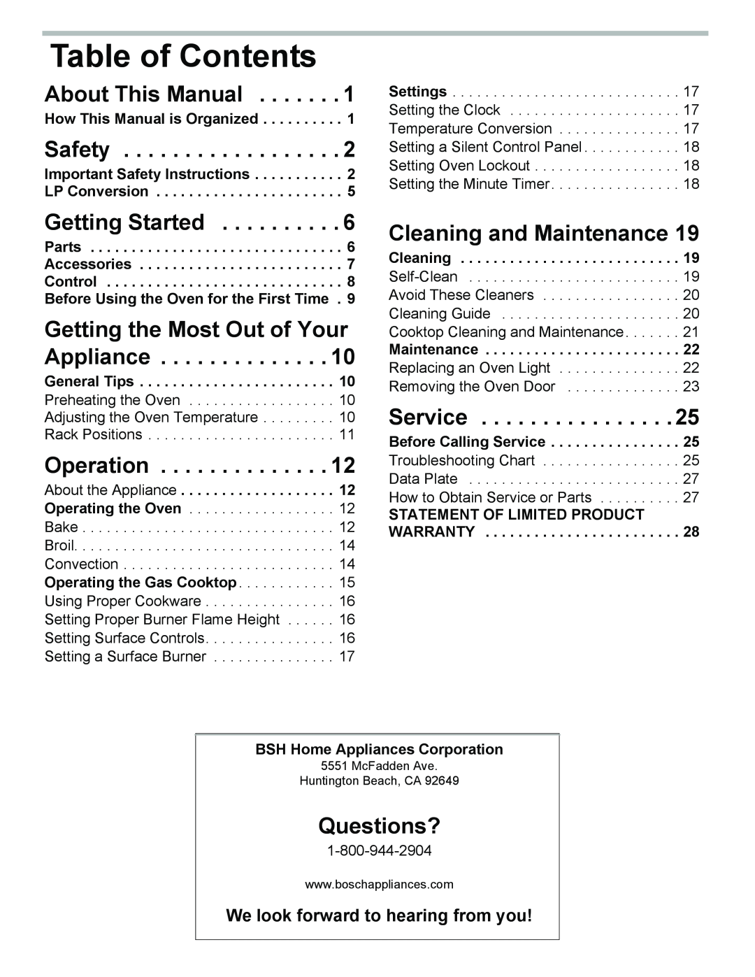Bosch Appliances HGS3023UC Table of Contents, About This Manual, Safety, Getting Started, Operation, Service, Questions? 