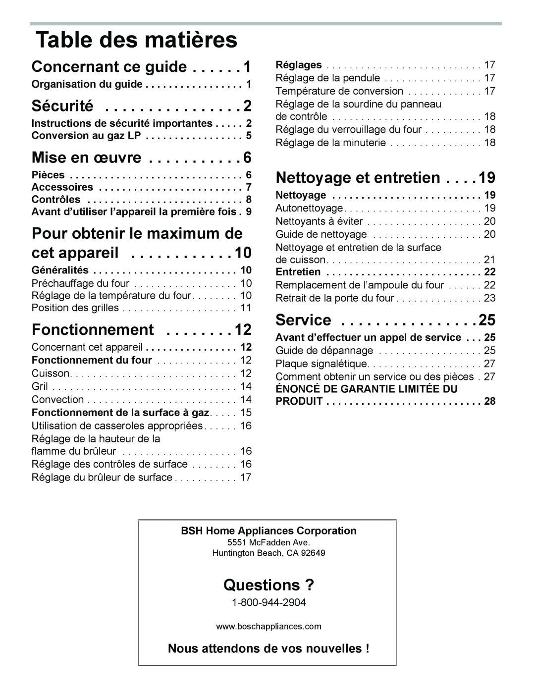 Bosch Appliances HGS3023UC Table des matières, Concernant ce guide, Sécurité, Mise en œuvre, Fonctionnement, Questions ? 
