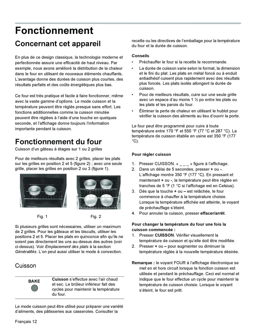 Bosch Appliances HGS3023UC manual Concernant cet appareil, Fonctionnement du four, Cuisson, Bake, Conseils 