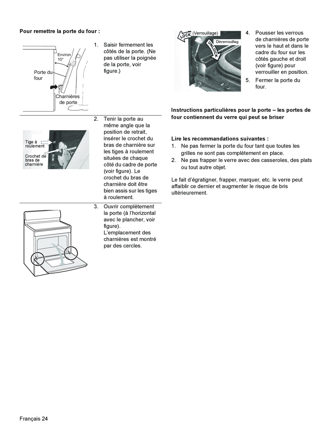 Bosch Appliances HGS3023UC manual Pour remettre la porte du four, Lire les recommandations suivantes, Porte du four 