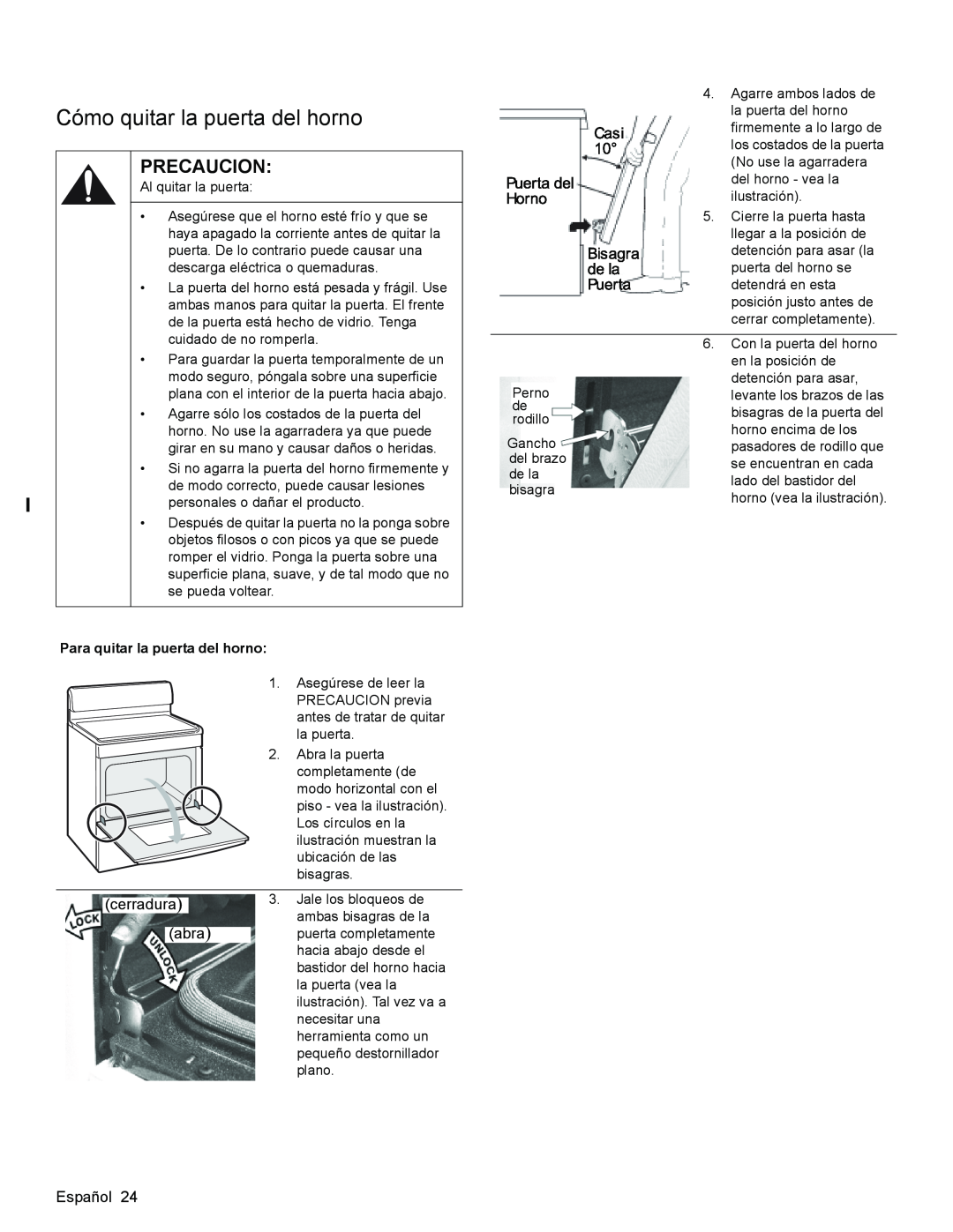 Bosch Appliances HGS3023UC manual Cómo quitar la puerta del horno, Para quitar la puerta del horno 