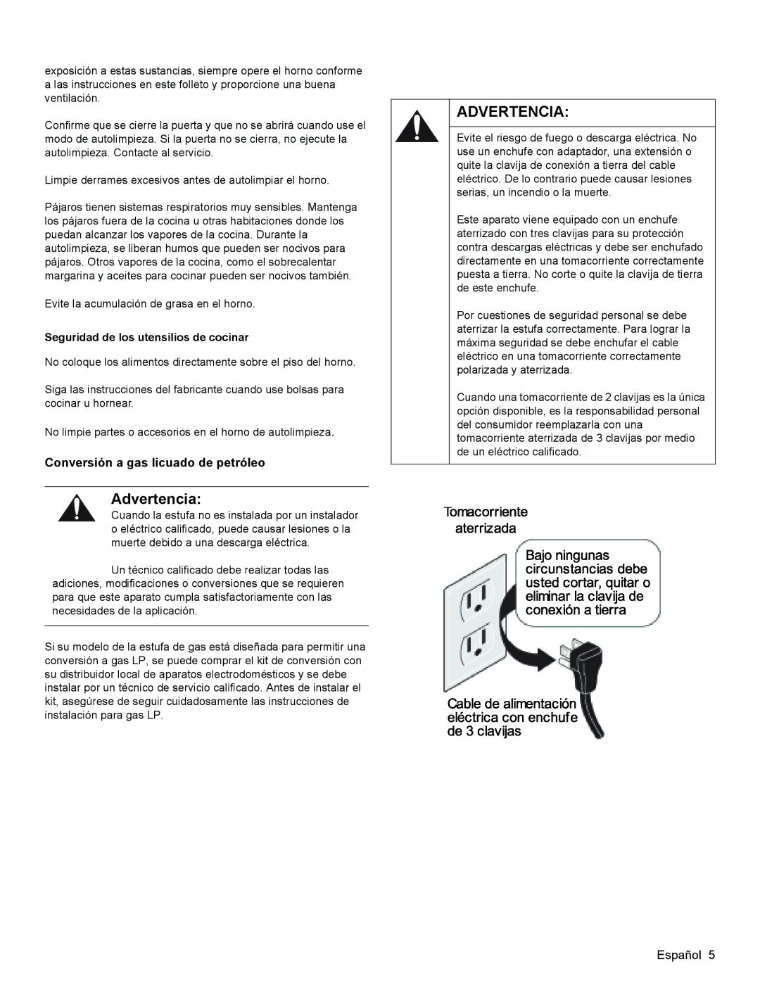 Bosch Appliances HGS3053UC manual Conversión a gas licuado de petróleo, Seguridad de los utensilios de cocinar 