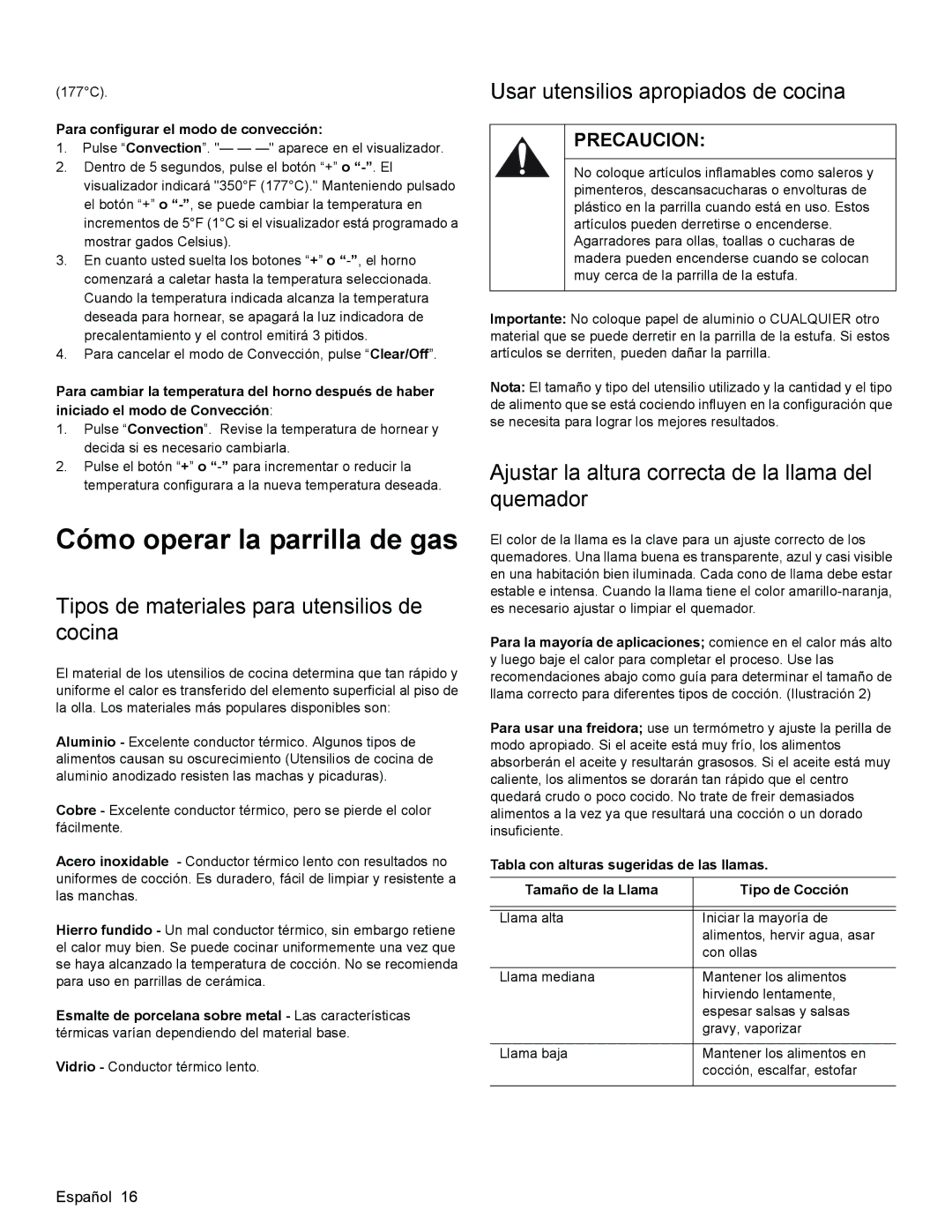 Bosch Appliances HGS3053UC manual Cómo operar la parrilla de gas, Tipos de materiales para utensilios de cocina 