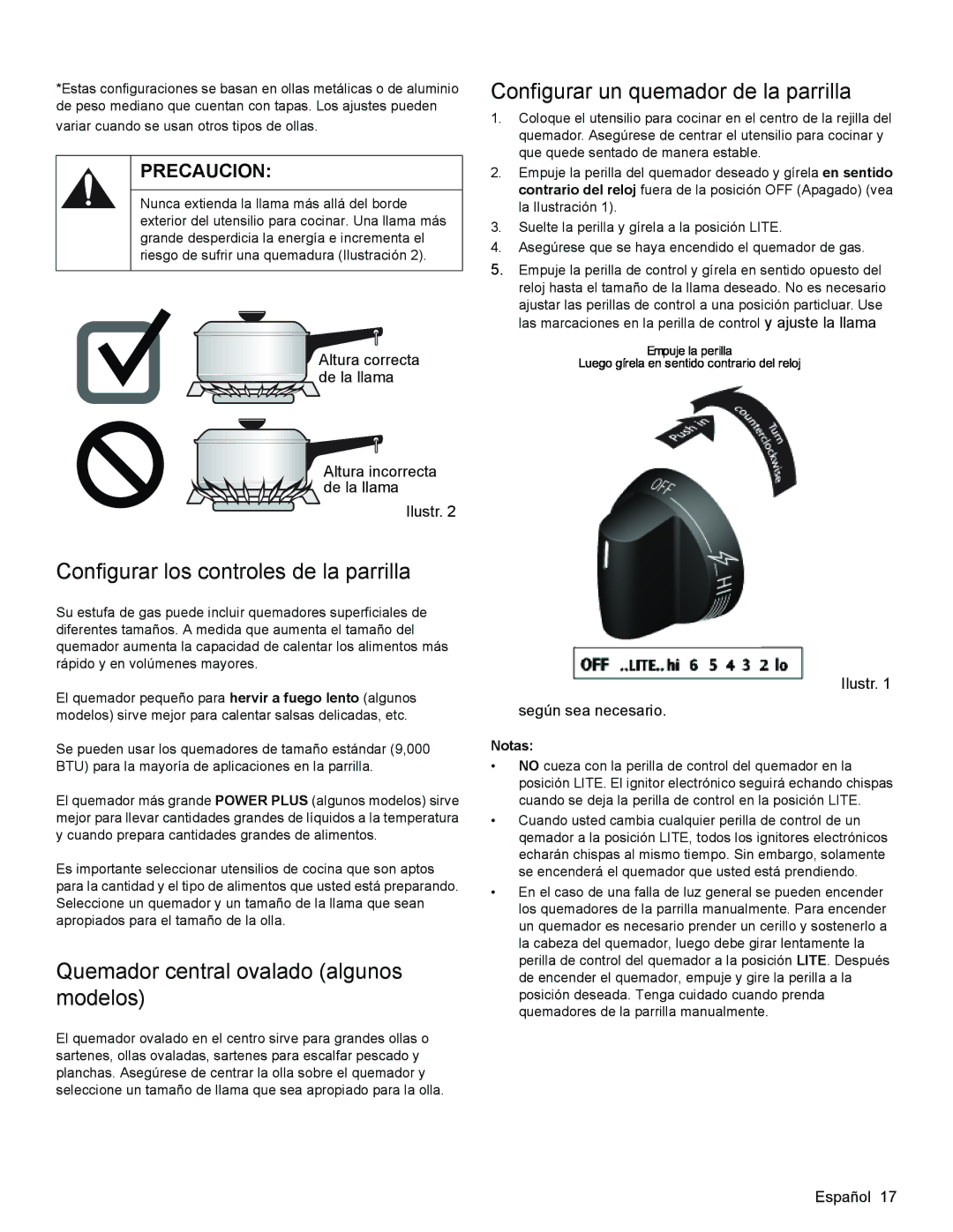 Bosch Appliances HGS3053UC manual Configurar los controles de la parrilla, Quemador central ovalado algunos modelos, Notas 