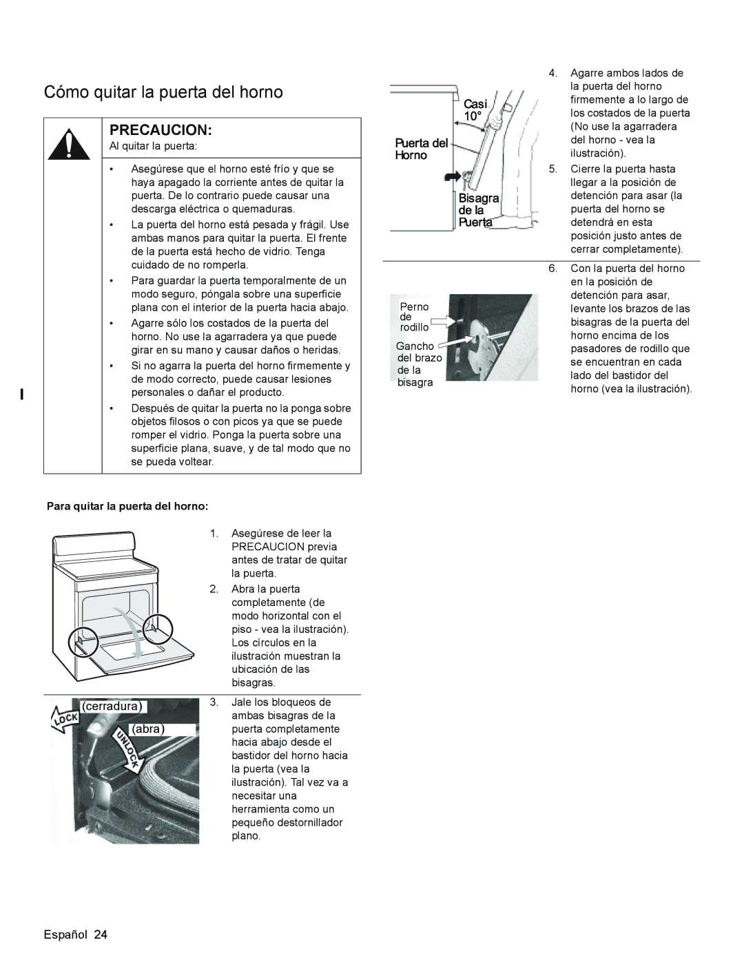 Bosch Appliances HGS3053UC manual Cómo quitar la puerta del horno, Para quitar la puerta del horno 