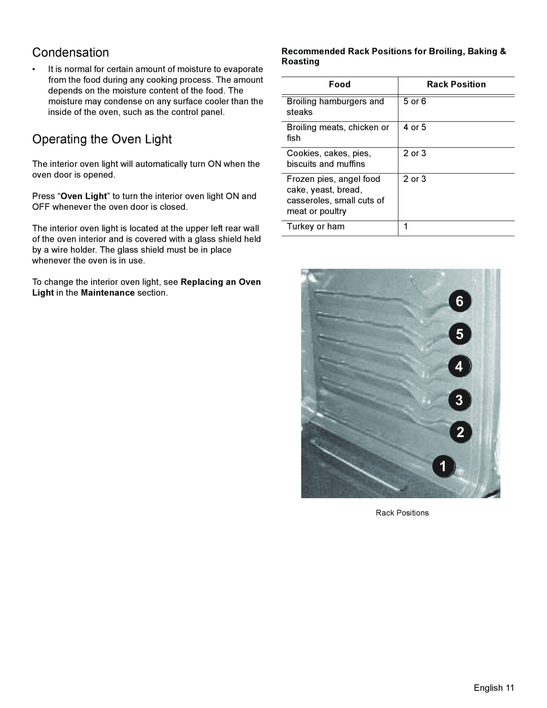 Bosch Appliances HGS3053UC manual 6 5 4 3 2 1, Condensation, Operating the Oven Light, Food, Rack Position 