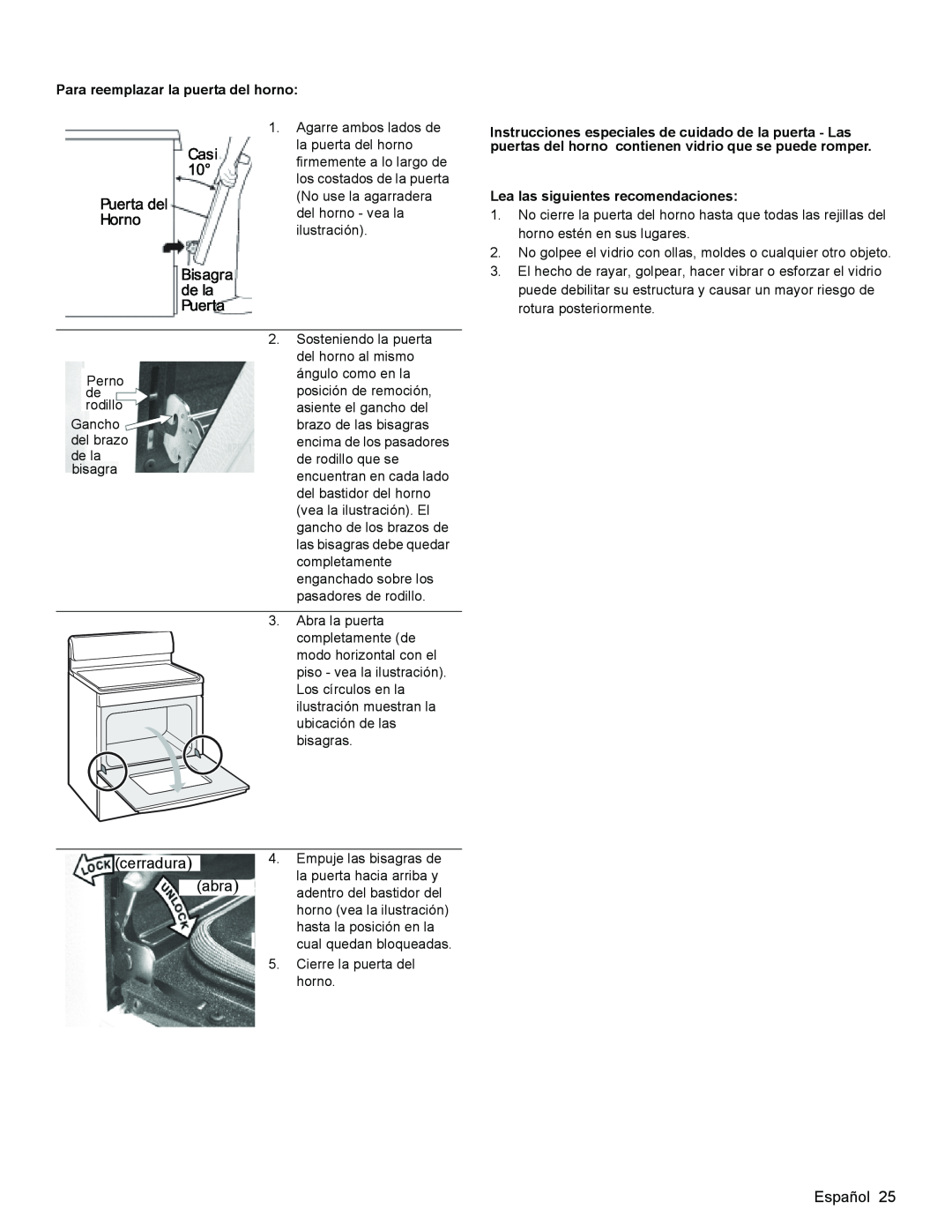 Bosch Appliances HGS3053UC manual cerradura abra, Español, Para reemplazar la puerta del horno 