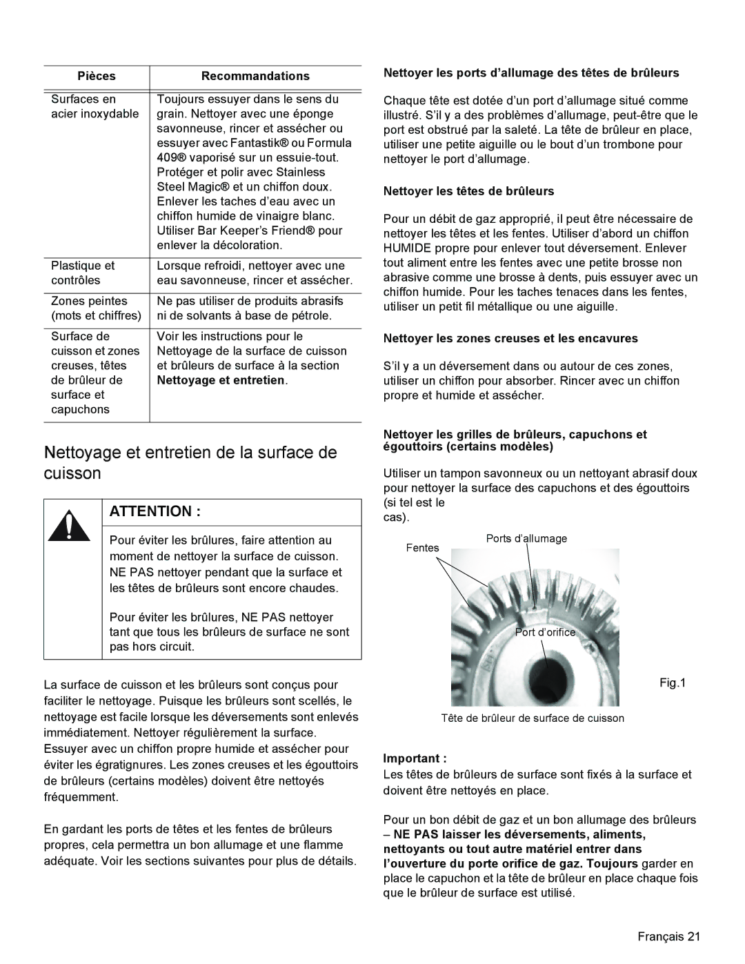 Bosch Appliances HGS3063UC manual Nettoyage et entretien de la surface de cuisson, Nettoyer les têtes de brûleurs 