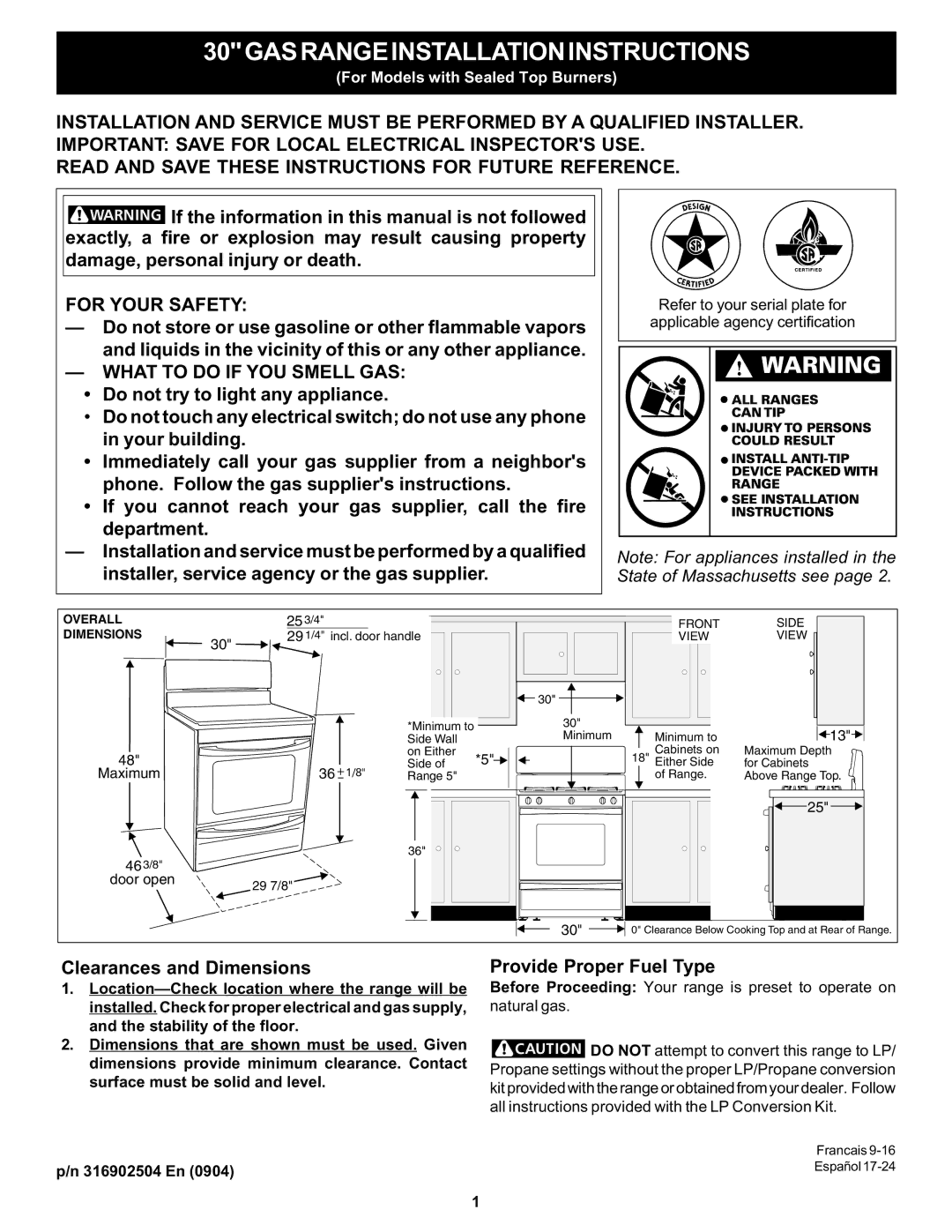 Bosch Appliances HGS5053UC manual Clearances and Dimensions, Provide Proper Fuel Type, 316902504 En 