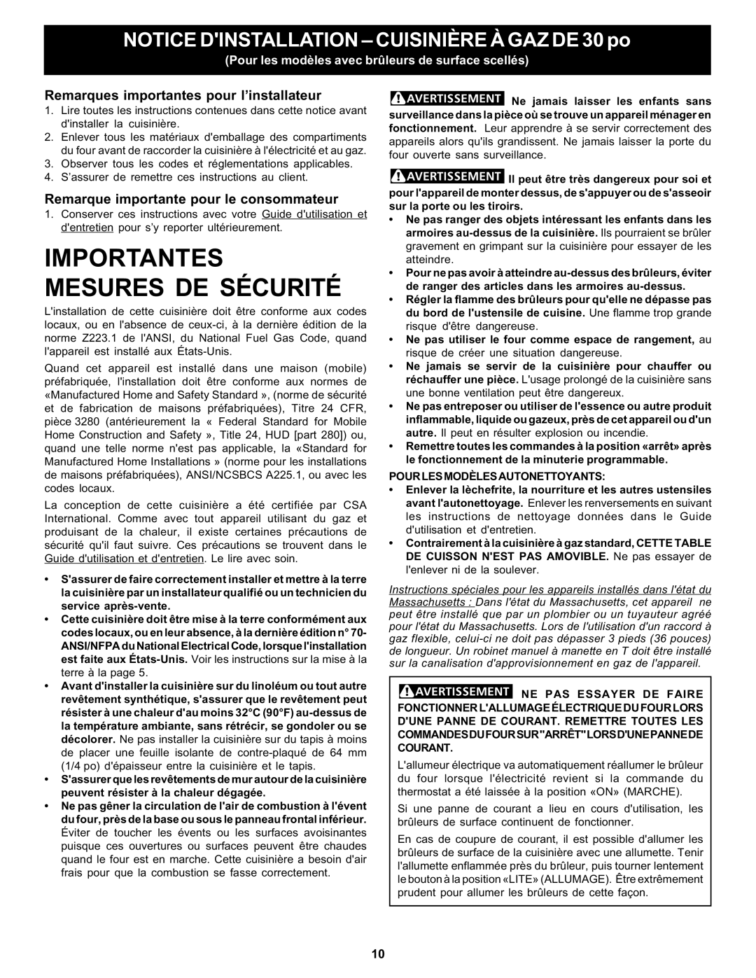 Bosch Appliances HGS5053UC manual Remarques importantes pour l’installateur, Remarque importante pour le consommateur 