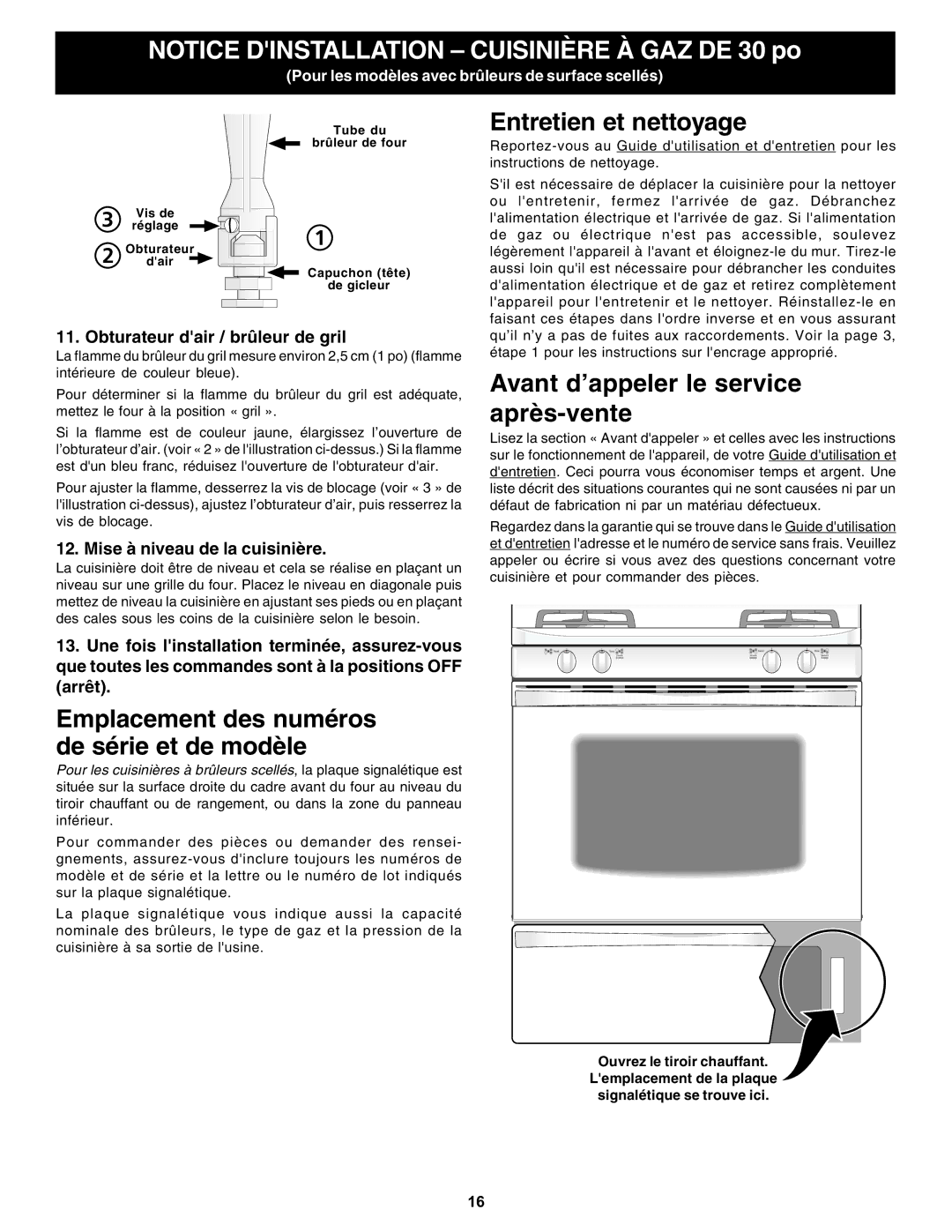 Bosch Appliances HGS5053UC manual Obturateur dair / brûleur de gril, Mise à niveau de la cuisinière 