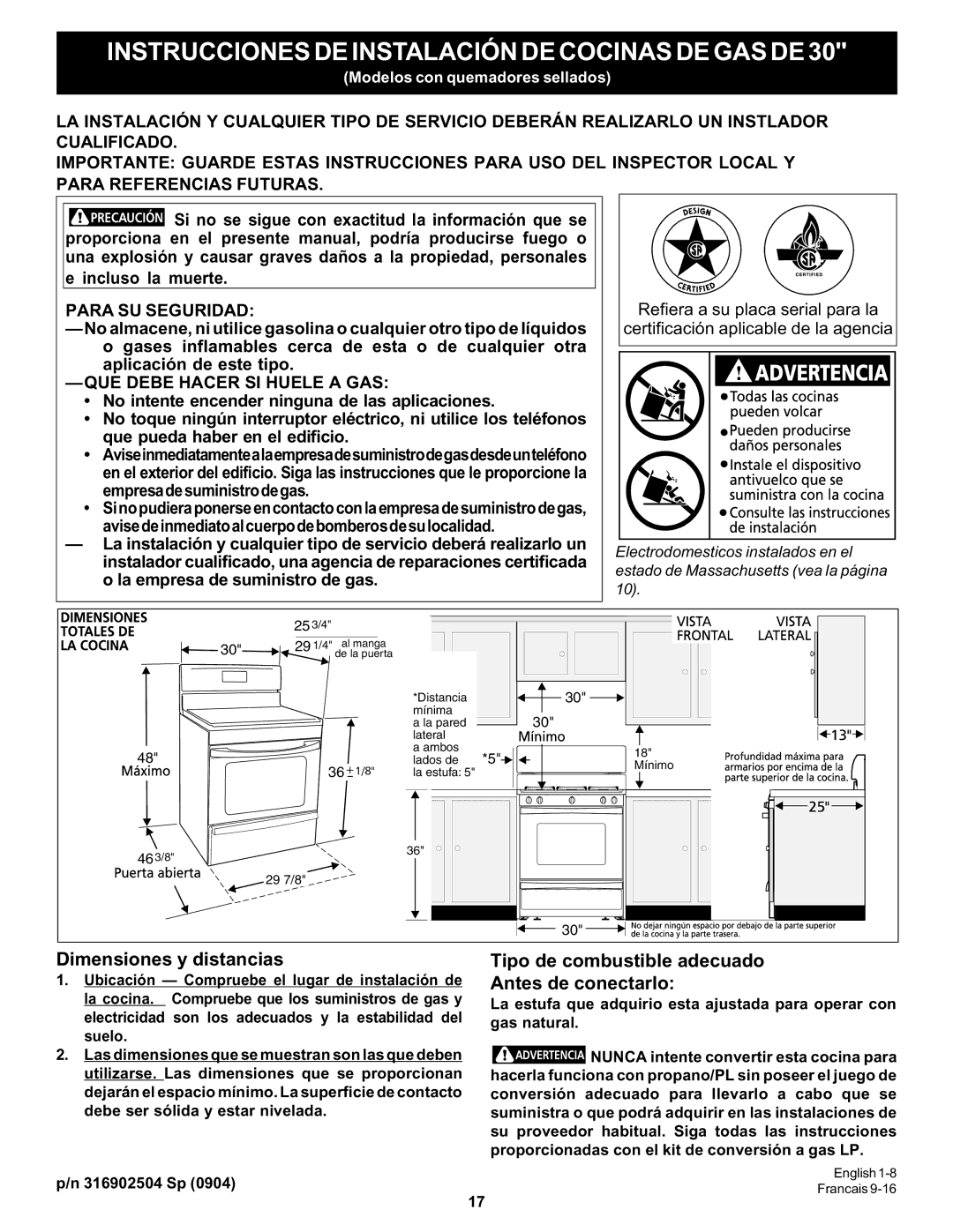 Bosch Appliances HGS5053UC manual Dimensiones y distancias, Tipo de combustible adecuado Antes de conectarlo, 316902504 Sp 