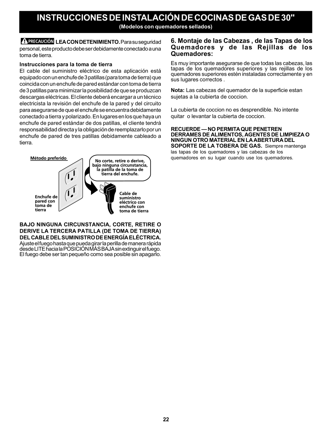 Bosch Appliances HGS5053UC manual Instrucciones para la toma de tierra 