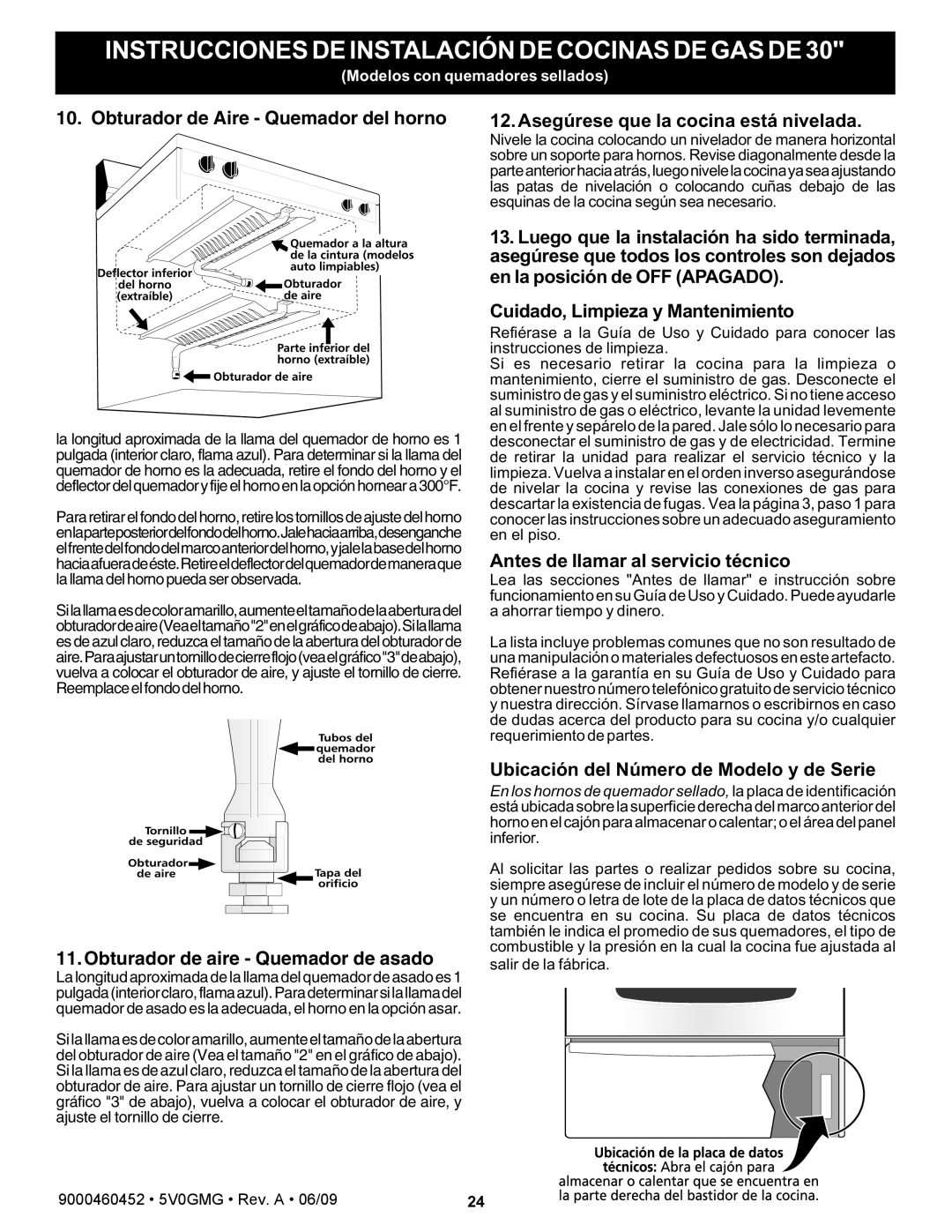 Bosch Appliances HGS5053UC manual Obturador de Aire Quemador del horno, Obturador de aire Quemador de asado 